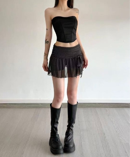 AsheKsha(アシクシャ)の「水玉ドットメッシュのフリルミニスカート(スカート・レディース・ベージュ/ブラック・M)」の7枚目の写真