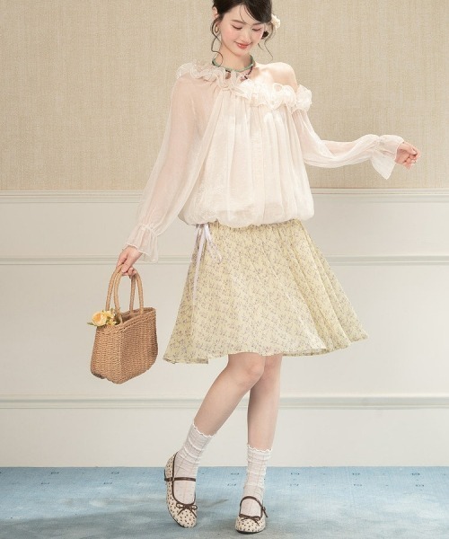 gossip！ロサンゼルス（ゴシップロサンゼルス）の「【Y2Kガーリー】レトロフラワーシフォンミディスカート リボン付Aライン（スカート・レディース・アイボリー・M/S）」の11枚目の写真