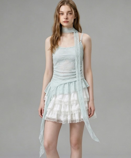 HOOK for girls 総レース × アシンメトリー裾 リボンタイ付き