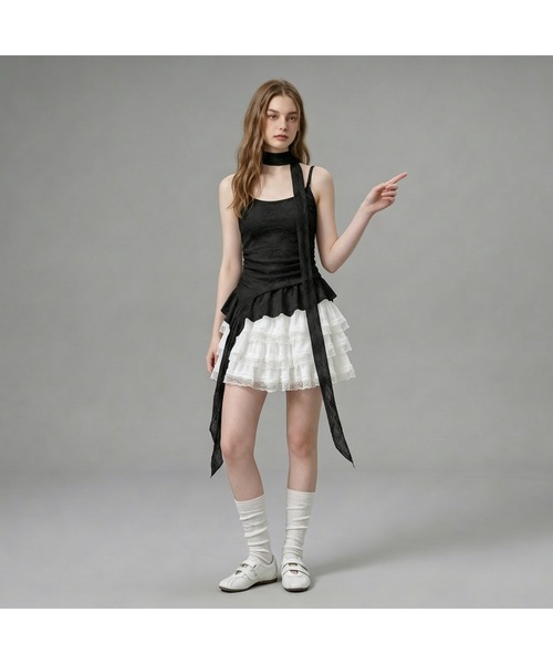 HOOK(フック)の「HOOK for girls 総レース × アシンメトリー裾 リボンタイ付き キャミソール トップス (SS)(キャミソール・レディース・ライトブルー/ブラック/ホワイト・FREE)」の22枚目の写真