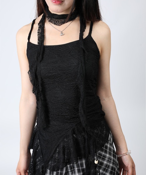 HOOK(フック)の「HOOK for girls 総レース × アシンメトリー裾 リボンタイ付き キャミソール トップス (SS)(キャミソール・レディース・ライトブルー/ブラック/ホワイト・FREE)」の14枚目の写真