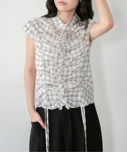 on:nue（オンニュ）の「【on:nue】[着用動画あり！] シアーチェックドロストギャザーブラウス（シャツ/ブラウス・レディース・アイボリー/ブルー・FREE）」の17枚目の写真