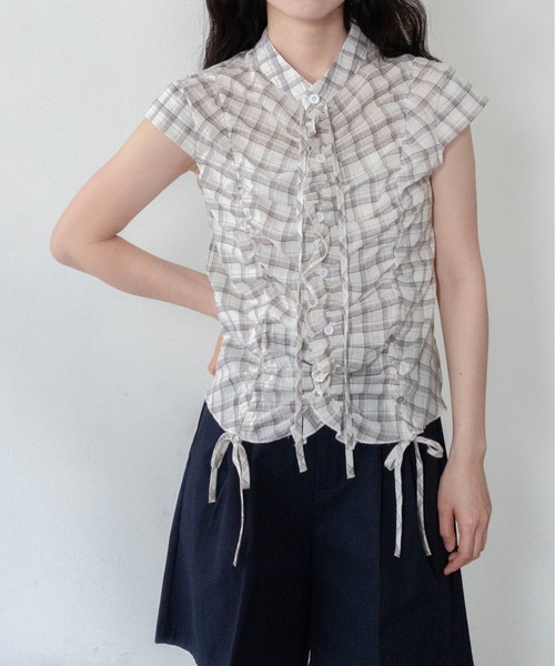 on:nue（オンニュ）の「【on:nue】[着用動画あり！] シアーチェックドロストギャザーブラウス（シャツ/ブラウス・レディース・アイボリー/ブルー・FREE）」の12枚目の写真