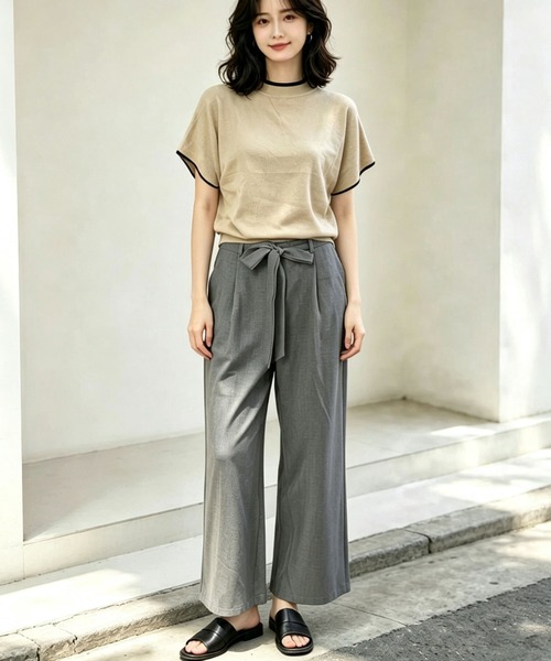 gossip!ロサンゼルス(ゴシップロサンゼルス)の「配色アクセントパイピング半袖ニット+リボンワイドパンツセットアップ(セットアップ・レディース・グレー・M)」の1枚目の写真