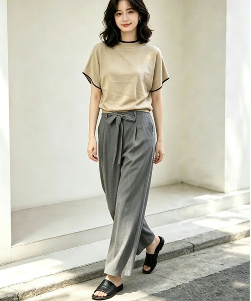 gossip!ロサンゼルス(ゴシップロサンゼルス)の「配色アクセントパイピング半袖ニット+リボンワイドパンツセットアップ(セットアップ・レディース・グレー・M)」の2枚目の写真