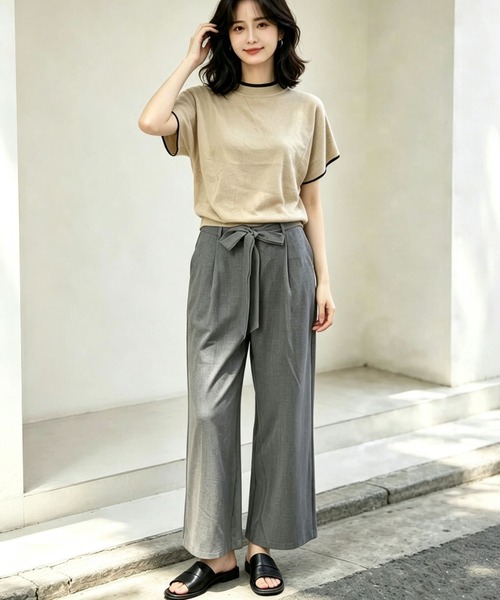 gossip!ロサンゼルス(ゴシップロサンゼルス)の「配色アクセントパイピング半袖ニット+リボンワイドパンツセットアップ(セットアップ・レディース・グレー・M)」の3枚目の写真