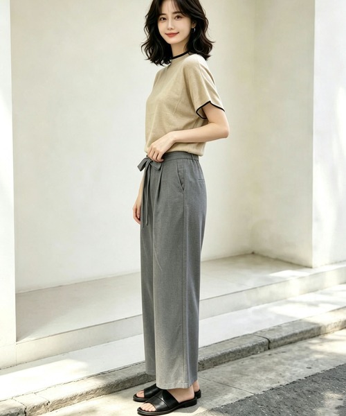 gossip!ロサンゼルス(ゴシップロサンゼルス)の「配色アクセントパイピング半袖ニット+リボンワイドパンツセットアップ(セットアップ・レディース・グレー・M)」の8枚目の写真