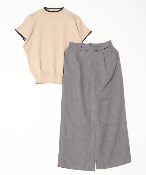 gossip!ロサンゼルス(ゴシップロサンゼルス)の「配色アクセントパイピング半袖ニット+リボンワイドパンツセットアップ(セットアップ・レディース・グレー・M)」の10枚目の写真