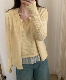 透かし編みカーディガン×裾シアーフリルデザイン タンクトップ 2点セット