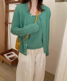 透かし編みカーディガン×裾シアーフリルデザイン タンクトップ 2点セット