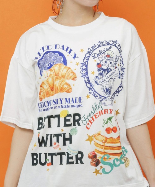 ScoLar（スカラー）の「ScoLar(スカラー) いろんなフード柄 裾レースTシャツ（Tシャツ/カットソー・レディース・ブラック/ネイビー/オフホワイト/オレンジ・MEDIUM）」の10枚目の写真