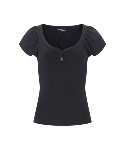 PLEASENOFOLLOW(プリーズノーフォロー)の「Sia Button Shirring Short Sleeve Top (Black)(Tシャツ/カットソー・レディース・その他・FREE)」の2枚目の写真