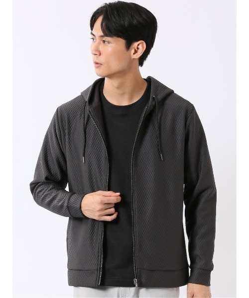 TAKA-Q(タカキュー)の「フルジップ パーカー メンズ 長袖 ストレッチ ハニカム ジャガード フーディー(パーカー・メンズ・ネイビー/グレー系その他2/ライトグレー/ボルドー・X-LARGE/MEDIUM/LARGE)」の2枚目の写真