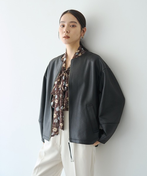 YECCA VECCA(イェッカヴェッカ)の「レザーライクノーカラーブルゾン【セットアップ対応】(ブルゾン・レディース・ブラック/ブラウン・FREE)」の1枚目の写真
