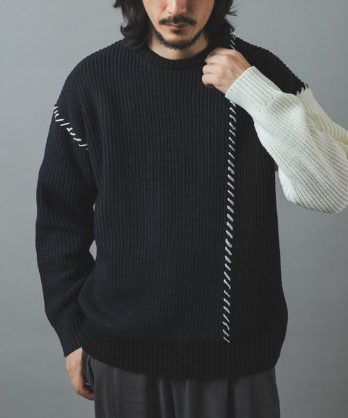 ITEMS URBANRESEARCH(アイテムズ アーバンリサーチ)の「ブランケットステッチ パッチワークニット(ニット/セーター・メンズ・ネイビー/ブラック/ホワイト・LARGE/MEDIUM)」の3枚目の写真