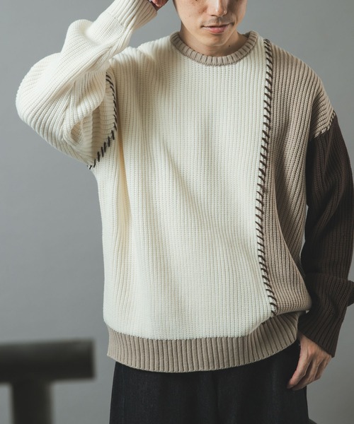 ITEMS URBANRESEARCH(アイテムズ アーバンリサーチ)の「ブランケットステッチ パッチワークニット(ニット/セーター・メンズ・ネイビー/ブラック/ホワイト・LARGE/MEDIUM)」の2枚目の写真