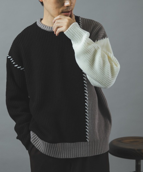 ITEMS URBANRESEARCH(アイテムズ アーバンリサーチ)の「ブランケットステッチ パッチワークニット(ニット/セーター・メンズ・ネイビー/ブラック/ホワイト・LARGE/MEDIUM)」の1枚目の写真