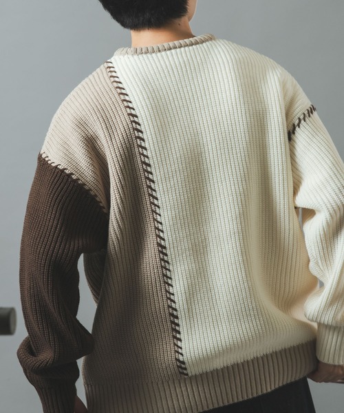 ITEMS URBANRESEARCH(アイテムズ アーバンリサーチ)の「ブランケットステッチ パッチワークニット(ニット/セーター・メンズ・ネイビー/ブラック/ホワイト・LARGE/MEDIUM)」の4枚目の写真