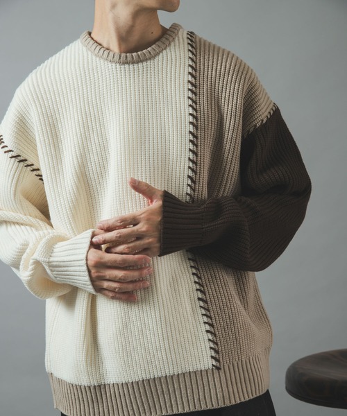 ITEMS URBANRESEARCH(アイテムズ アーバンリサーチ)の「ブランケットステッチ パッチワークニット(ニット/セーター・メンズ・ネイビー/ブラック/ホワイト・LARGE/MEDIUM)」の5枚目の写真
