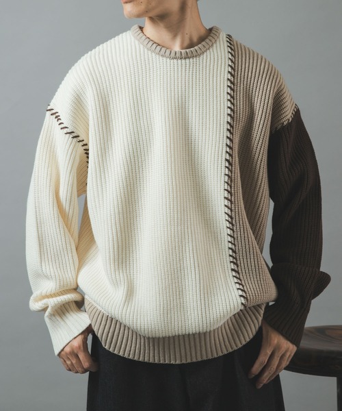 ITEMS URBANRESEARCH(アイテムズ アーバンリサーチ)の「ブランケットステッチ パッチワークニット(ニット/セーター・メンズ・ネイビー/ブラック/ホワイト・LARGE/MEDIUM)」の6枚目の写真