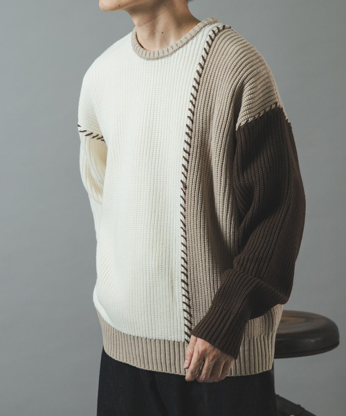 ITEMS URBANRESEARCH(アイテムズ アーバンリサーチ)の「ブランケットステッチ パッチワークニット(ニット/セーター・メンズ・ネイビー/ブラック/ホワイト・LARGE/MEDIUM)」の7枚目の写真