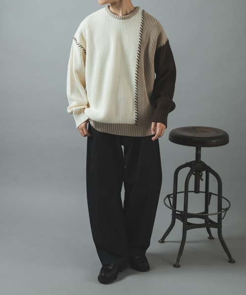 ITEMS URBANRESEARCH(アイテムズ アーバンリサーチ)の「ブランケットステッチ パッチワークニット(ニット/セーター・メンズ・ネイビー/ブラック/ホワイト・LARGE/MEDIUM)」の8枚目の写真