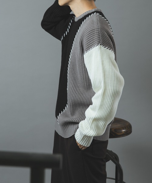 ITEMS URBANRESEARCH(アイテムズ アーバンリサーチ)の「ブランケットステッチ パッチワークニット(ニット/セーター・メンズ・ネイビー/ブラック/ホワイト・LARGE/MEDIUM)」の12枚目の写真
