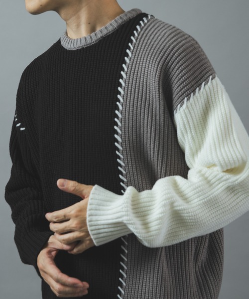 ITEMS URBANRESEARCH(アイテムズ アーバンリサーチ)の「ブランケットステッチ パッチワークニット(ニット/セーター・メンズ・ネイビー/ブラック/ホワイト・LARGE/MEDIUM)」の14枚目の写真