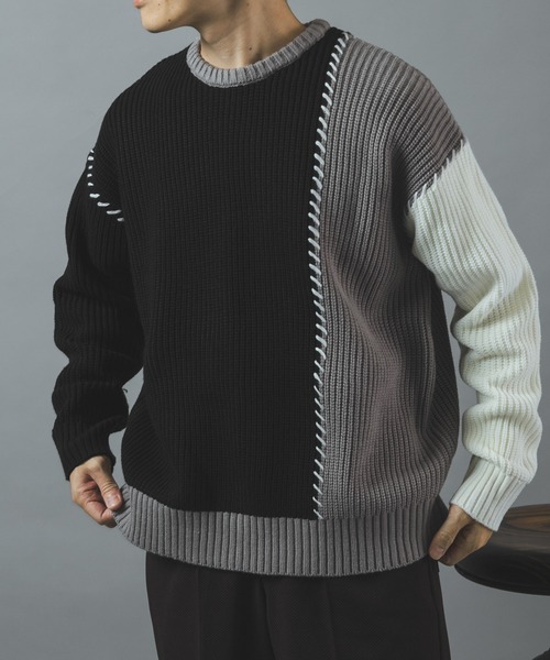 ITEMS URBANRESEARCH(アイテムズ アーバンリサーチ)の「ブランケットステッチ パッチワークニット(ニット/セーター・メンズ・ネイビー/ブラック/ホワイト・LARGE/MEDIUM)」の15枚目の写真