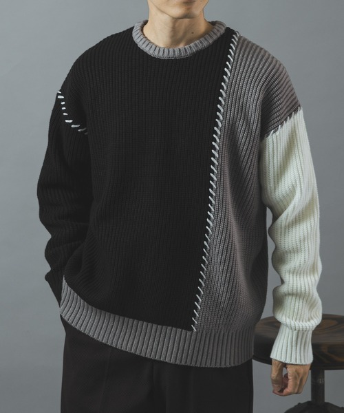ITEMS URBANRESEARCH(アイテムズ アーバンリサーチ)の「ブランケットステッチ パッチワークニット(ニット/セーター・メンズ・ネイビー/ブラック/ホワイト・LARGE/MEDIUM)」の16枚目の写真