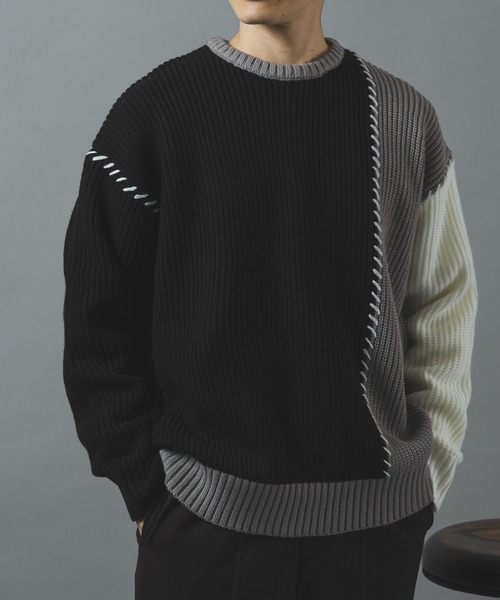 ITEMS URBANRESEARCH(アイテムズ アーバンリサーチ)の「ブランケットステッチ パッチワークニット(ニット/セーター・メンズ・ネイビー/ブラック/ホワイト・LARGE/MEDIUM)」の17枚目の写真