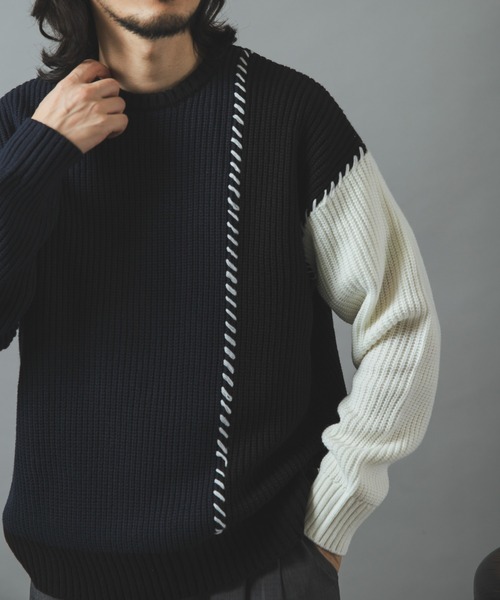 ITEMS URBANRESEARCH(アイテムズ アーバンリサーチ)の「ブランケットステッチ パッチワークニット(ニット/セーター・メンズ・ネイビー/ブラック/ホワイト・LARGE/MEDIUM)」の20枚目の写真