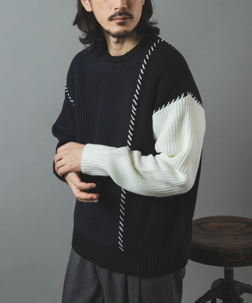 ITEMS URBANRESEARCH(アイテムズ アーバンリサーチ)の「ブランケットステッチ パッチワークニット(ニット/セーター・メンズ・ネイビー/ブラック/ホワイト・LARGE/MEDIUM)」の22枚目の写真