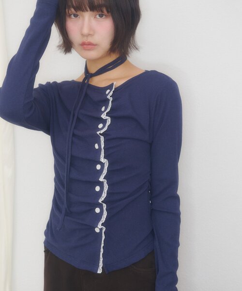 DISCOAT(ディスコート)の「【umm.】レースレイヤードドレープチョーカープルオーバー(Tシャツ/カットソー・レディース・グレー/ブラウン/ネイビー/ミント/アイボリー/ブルー・FREE)」の5枚目の写真