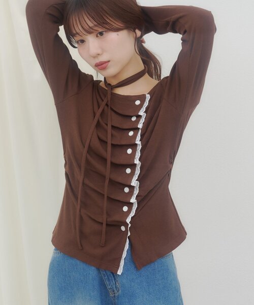 DISCOAT(ディスコート)の「【umm.】レースレイヤードドレープチョーカープルオーバー(Tシャツ/カットソー・レディース・グレー/ブラウン/ネイビー/ミント/アイボリー/ブルー・FREE)」の3枚目の写真