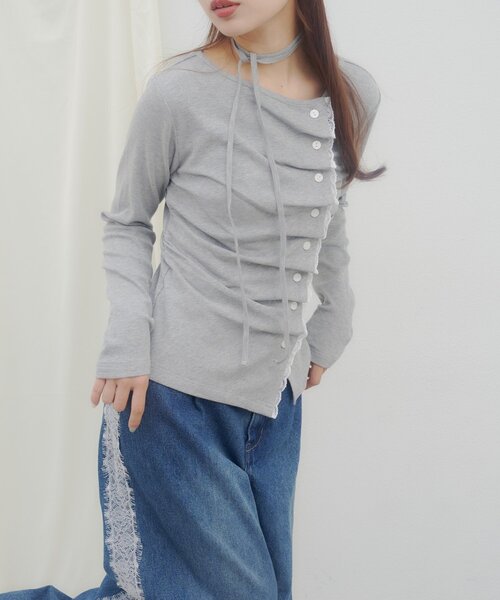 DISCOAT(ディスコート)の「【umm.】レースレイヤードドレープチョーカープルオーバー(Tシャツ/カットソー・レディース・グレー/ブラウン/ネイビー/ミント/アイボリー/ブルー・FREE)」の14枚目の写真