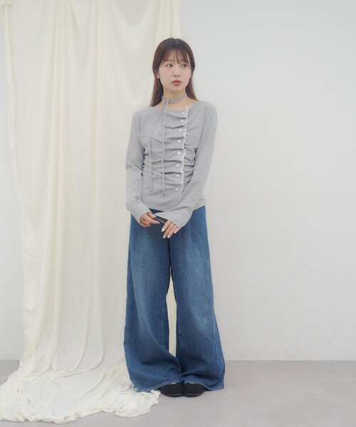 DISCOAT(ディスコート)の「【umm.】レースレイヤードドレープチョーカープルオーバー(Tシャツ/カットソー・レディース・グレー/ブラウン/ネイビー/ミント/アイボリー/ブルー・FREE)」の15枚目の写真