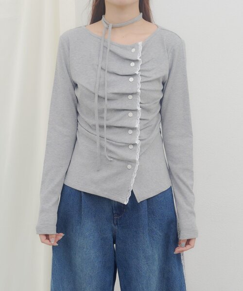 DISCOAT(ディスコート)の「【umm.】レースレイヤードドレープチョーカープルオーバー(Tシャツ/カットソー・レディース・グレー/ブラウン/ネイビー/ミント/アイボリー/ブルー・FREE)」の17枚目の写真