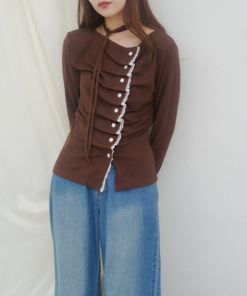 DISCOAT(ディスコート)の「【umm.】レースレイヤードドレープチョーカープルオーバー(Tシャツ/カットソー・レディース・グレー/ブラウン/ネイビー/ミント/アイボリー/ブルー・FREE)」の12枚目の写真