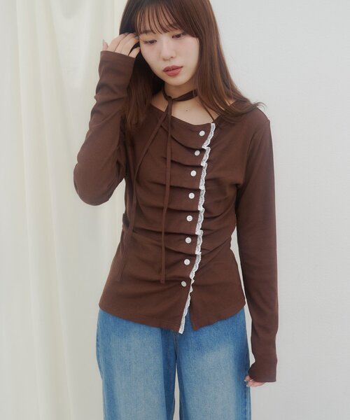 DISCOAT(ディスコート)の「【umm.】レースレイヤードドレープチョーカープルオーバー(Tシャツ/カットソー・レディース・グレー/ブラウン/ネイビー/ミント/アイボリー/ブルー・FREE)」の13枚目の写真