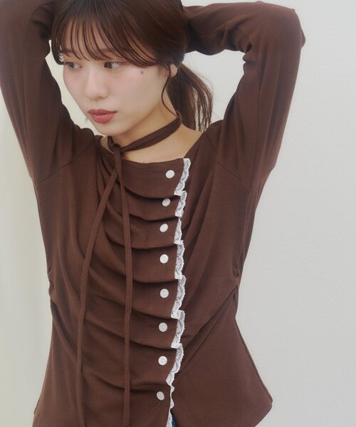 DISCOAT(ディスコート)の「【umm.】レースレイヤードドレープチョーカープルオーバー(Tシャツ/カットソー・レディース・グレー/ブラウン/ネイビー/ミント/アイボリー/ブルー・FREE)」の7枚目の写真