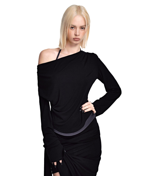 SECONDMONO（セカンドモノローグ）の「2WAYレイヤードカウルネックトップ [BLACK]_SEWTS037BLACK（Tシャツ/カットソー・レディース・その他・F）」の2枚目の写真