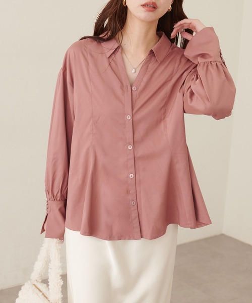 natural couture(ナチュラルクチュール)の「ペプラムスキッパーシャツ(シャツ/ブラウス・レディース・ダークブラウン/オフホワイト/モカ/ドット/ストライプ・FREE)」の2枚目の写真