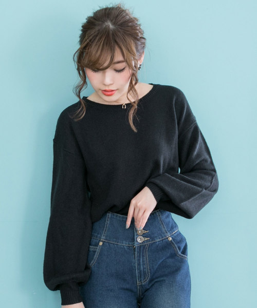 夢展望（ユメテンボウ）の「バルーン袖ニットトップス（ニット/セーター・レディース・ライトベージュ/サックスブルー/ボルドー/ライトホワイト/スモークピンク/ライトブラック/ピンク/ネイビー/チェリーピンク/ラベンダー/パープル系その他/テラコッタ・MEDIUM/LARGE）」の3枚目の写真