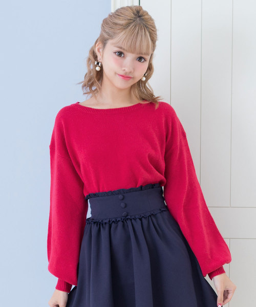 夢展望（ユメテンボウ）の「バルーン袖ニットトップス（ニット/セーター・レディース・ライトベージュ/サックスブルー/ボルドー/ライトホワイト/スモークピンク/ライトブラック/ピンク/ネイビー/チェリーピンク/ラベンダー/パープル系その他/テラコッタ・MEDIUM/LARGE）」の12枚目の写真