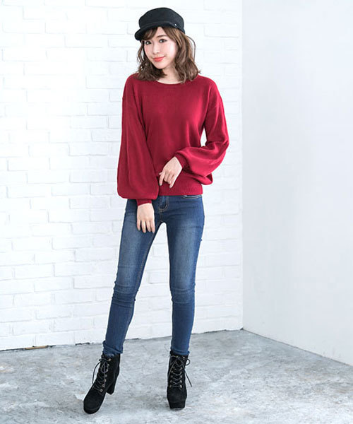 夢展望（ユメテンボウ）の「バルーン袖ニットトップス（ニット/セーター・レディース・ライトベージュ/サックスブルー/ボルドー/ライトホワイト/スモークピンク/ライトブラック/ピンク/ネイビー/チェリーピンク/ラベンダー/パープル系その他/テラコッタ・MEDIUM/LARGE）」の20枚目の写真