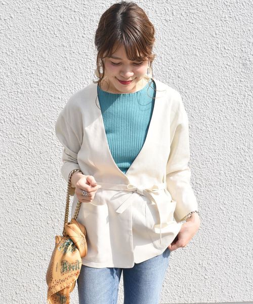 SHIPS(シップス)の「ノーカラーシャツジャケット◇(ノーカラージャケット・レディース・ナチュラル/ネイビー/イエロー系その他・ONE SIZE)」の2枚目の写真