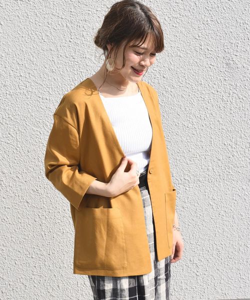 SHIPS(シップス)の「ノーカラーシャツジャケット◇(ノーカラージャケット・レディース・ナチュラル/ネイビー/イエロー系その他・ONE SIZE)」の1枚目の写真