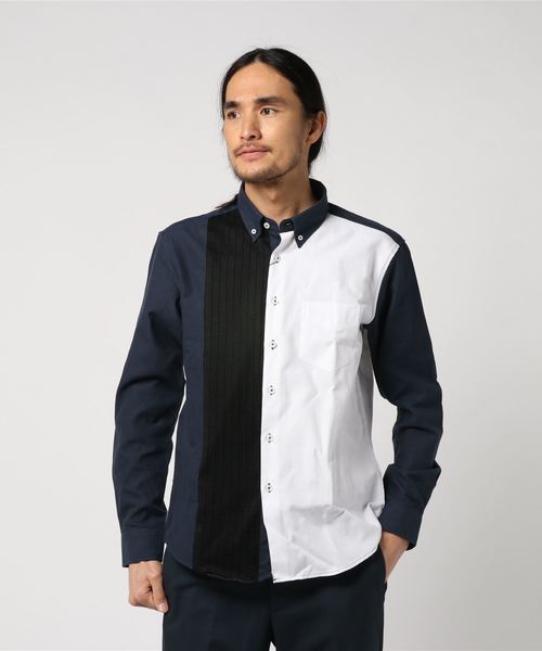 Taka Q タカキュー の タカキューメンズ Taka Q Men オックスクレイジーニット切替ボタンダウン長袖シャツ 白 ネイビー シャツ ブラウス Wear