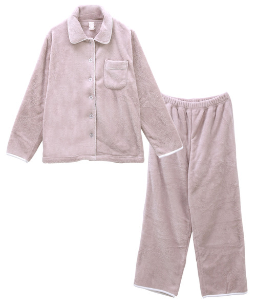 blooming FLORA（ブルーミングフローラ）の「ぽかぽか パウダーフリース  開襟トップス＋ロングパンツ　セットアップ（ルームウェア/パジャマ・レディース・ネイビー/ピンク/ラベンダー/モカ・MEDIUM/LARGE）」の2枚目の写真